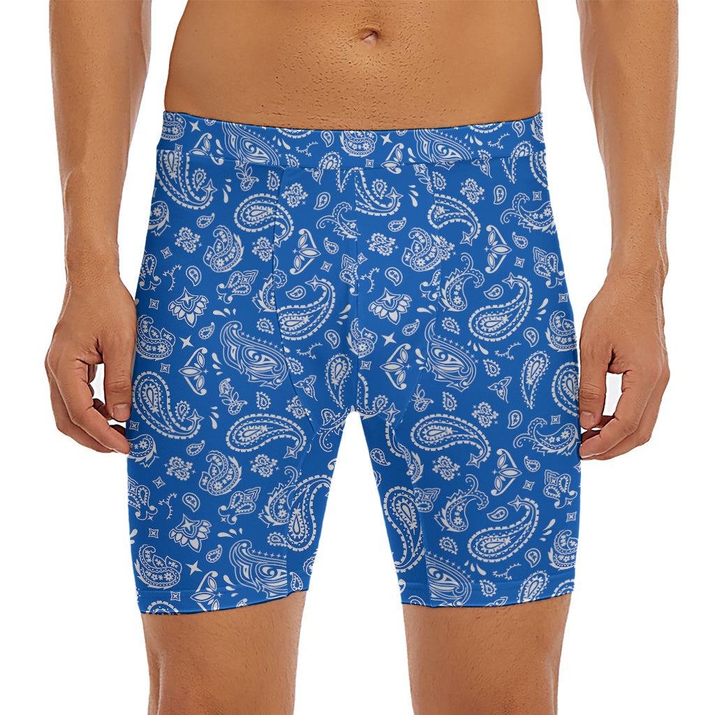 Blue Paisley Bandana Pattern Print Men's Long Boxer Briefs