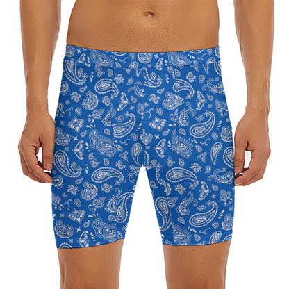Blue Paisley Bandana Pattern Print Men's Long Boxer Briefs