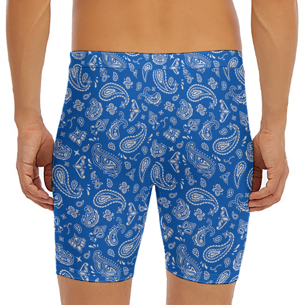 Blue Paisley Bandana Pattern Print Men's Long Boxer Briefs