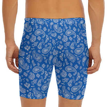 Blue Paisley Bandana Pattern Print Men's Long Boxer Briefs