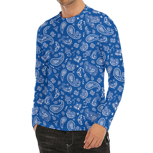 Blue Paisley Bandana Pattern Print Men's Long Sleeve Rash Guard