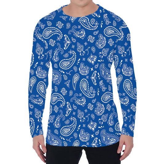 Blue Paisley Bandana Pattern Print Men's Long Sleeve T-Shirt