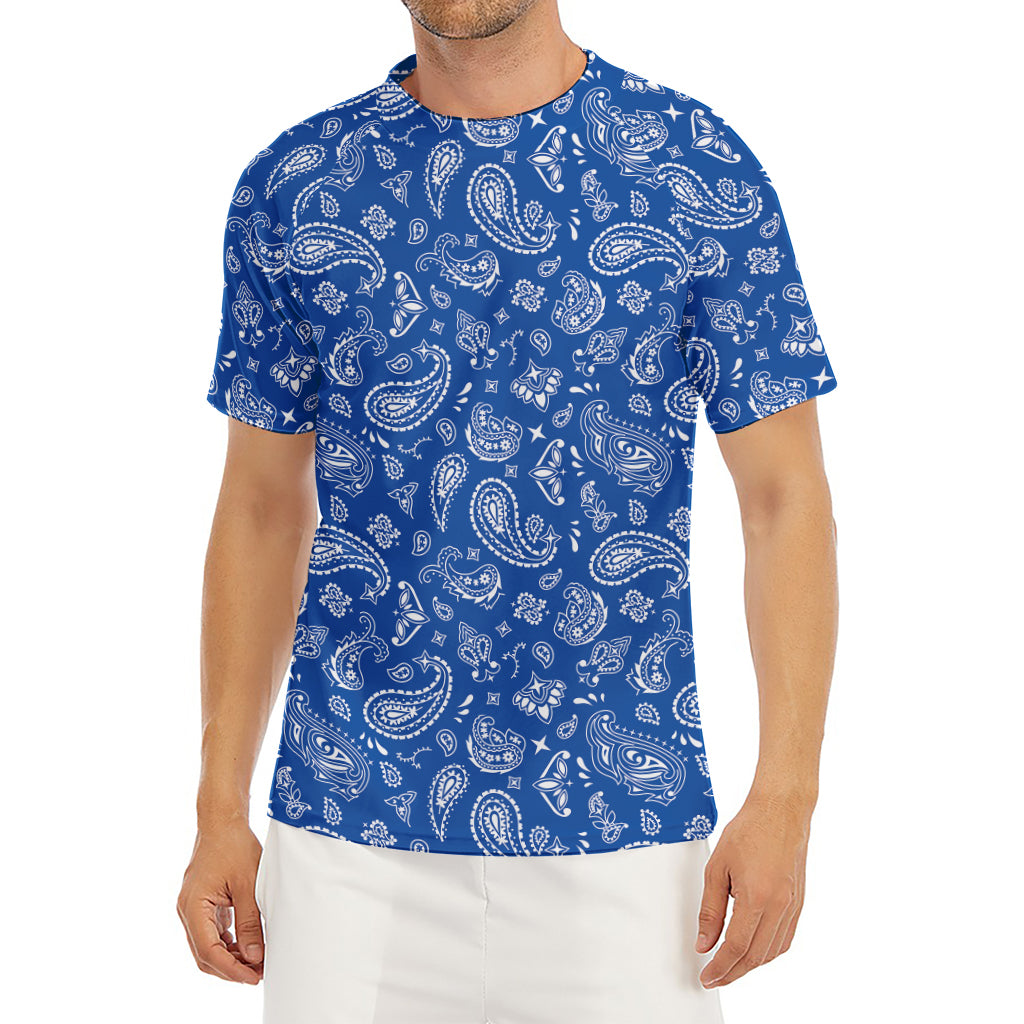 Blue Paisley Bandana Pattern Print Men's Short Sleeve Rash Guard