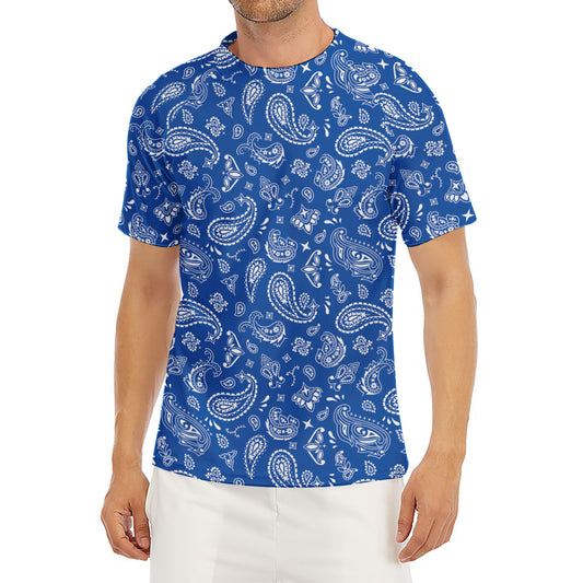 Blue Paisley Bandana Pattern Print Men's Short Sleeve Rash Guard