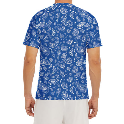 Blue Paisley Bandana Pattern Print Men's Short Sleeve Rash Guard