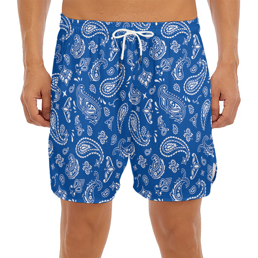 Blue Paisley Bandana Pattern Print Men's Split Running Shorts