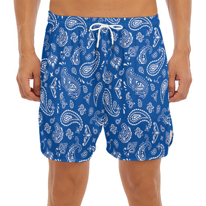 Blue Paisley Bandana Pattern Print Men's Split Running Shorts