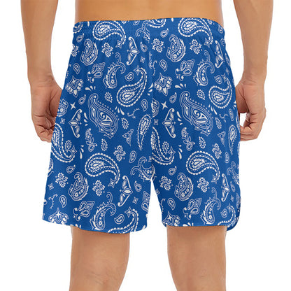Blue Paisley Bandana Pattern Print Men's Split Running Shorts