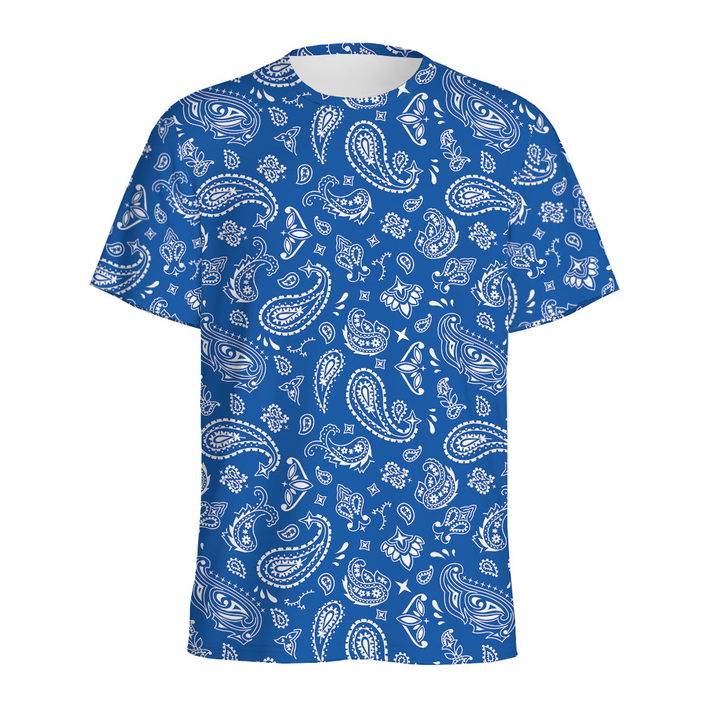 Blue Paisley Bandana Pattern Print Men's Sports T-Shirt