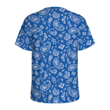 Blue Paisley Bandana Pattern Print Men's Sports T-Shirt