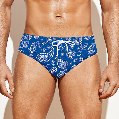 Blue Paisley Bandana Pattern Print Men's Swim Briefs