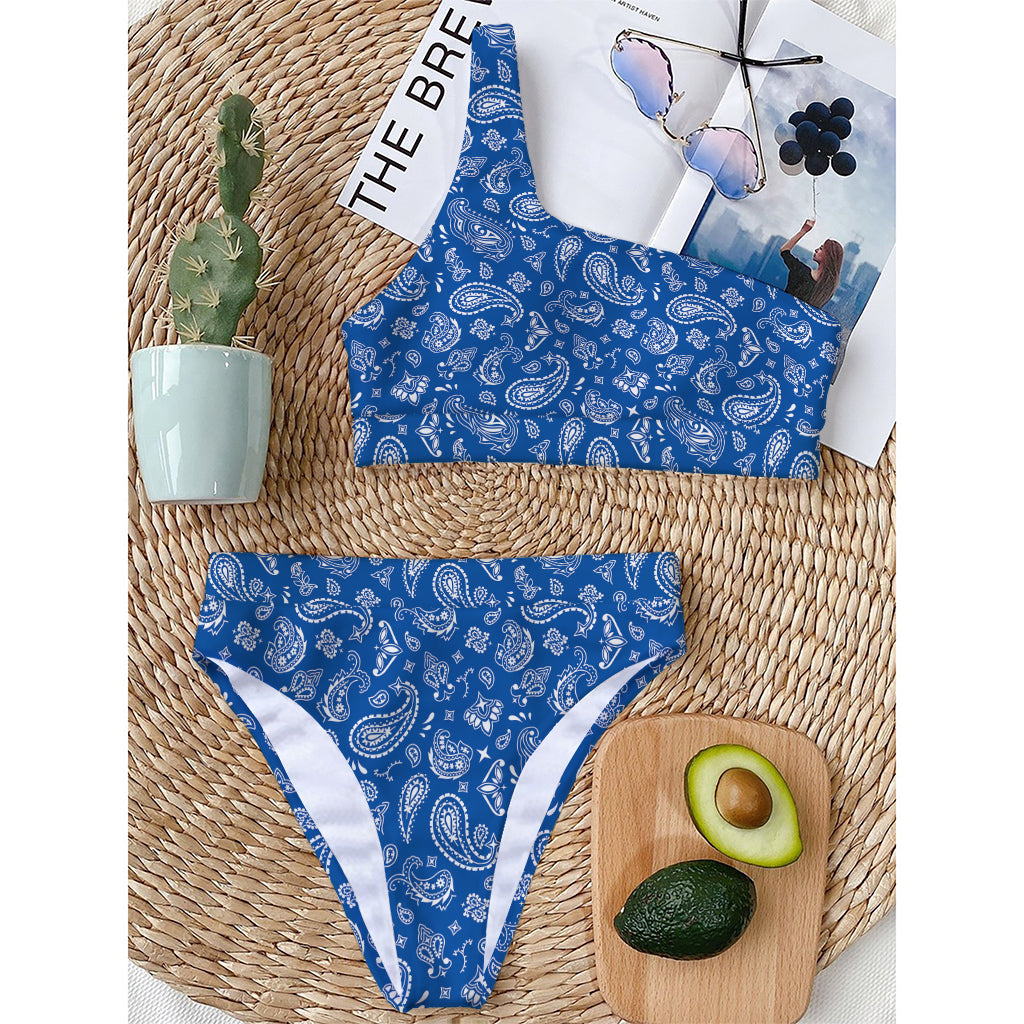 Blue Paisley Bandana Pattern Print One Shoulder Bikini Top