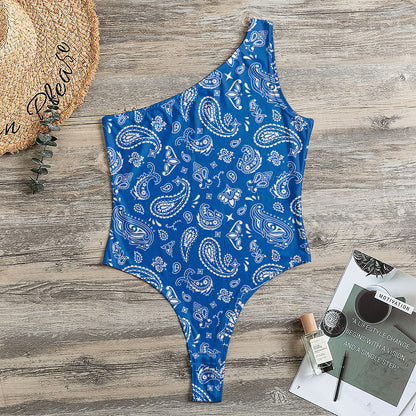 Blue Paisley Bandana Pattern Print One Shoulder Bodysuit