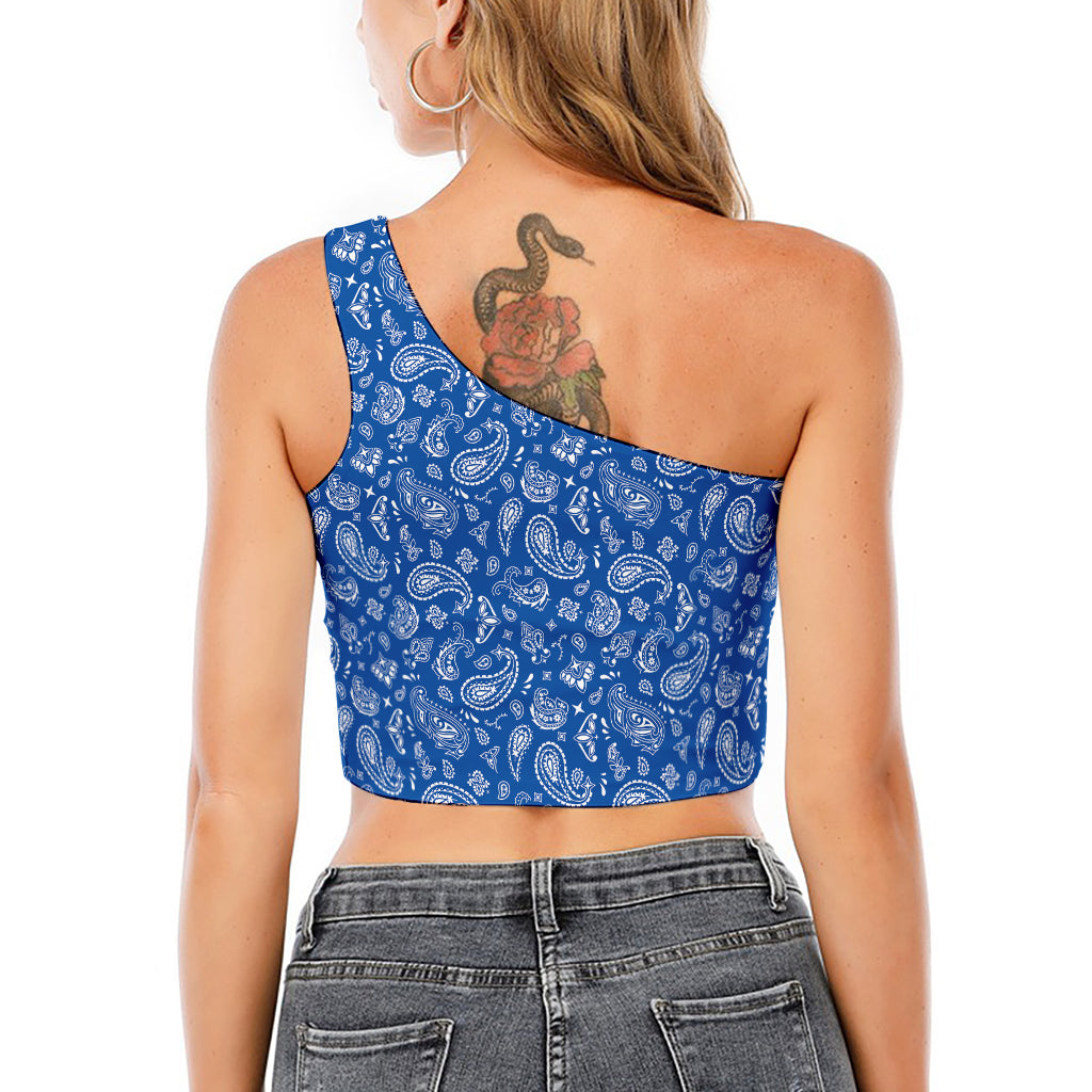 Blue Paisley Bandana Pattern Print One Shoulder Crop Top