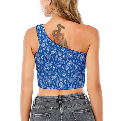 Blue Paisley Bandana Pattern Print One Shoulder Crop Top