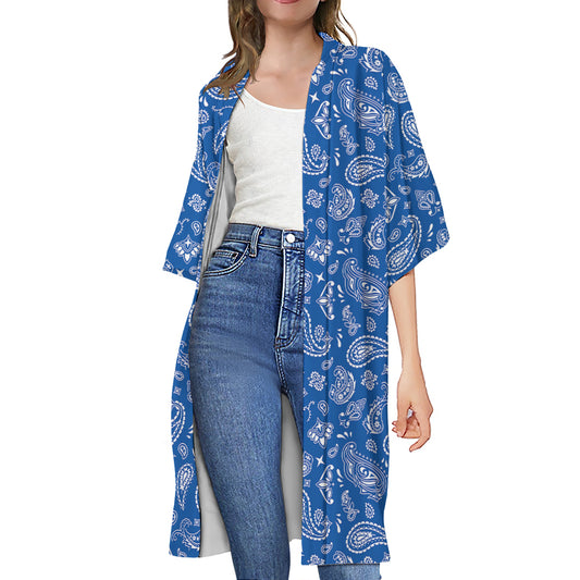 Blue Paisley Bandana Pattern Print Open Front Beach Cover Up