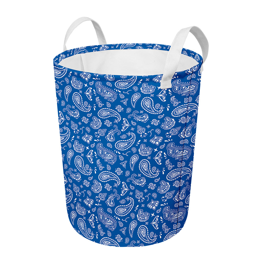 Blue Paisley Bandana Pattern Print Round Laundry Basket