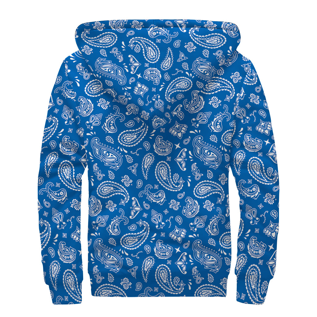 Blue Paisley Bandana Pattern Print Sherpa Lined Zip Up Hoodie