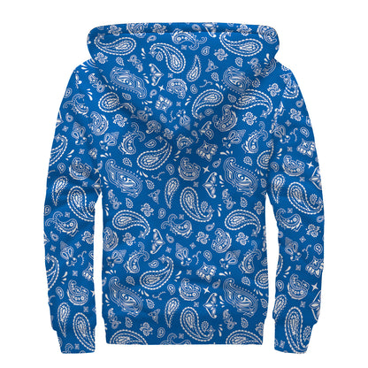 Blue Paisley Bandana Pattern Print Sherpa Lined Zip Up Hoodie