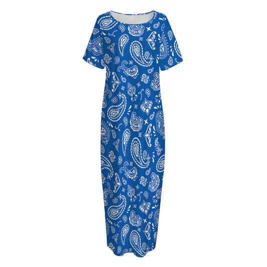 Blue Paisley Bandana Pattern Print Short Sleeve Long Nightdress