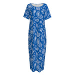 Blue Paisley Bandana Pattern Print Short Sleeve Long Nightdress