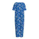 Blue Paisley Bandana Pattern Print Short Sleeve Long Nightdress