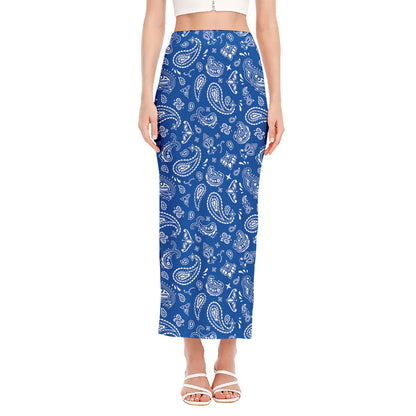 Blue Paisley Bandana Pattern Print Side Slit Maxi Skirt