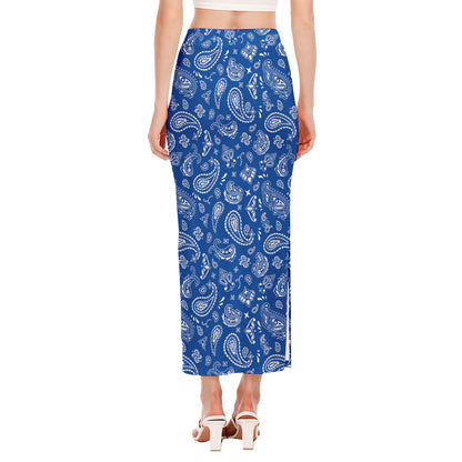 Blue Paisley Bandana Pattern Print Side Slit Maxi Skirt
