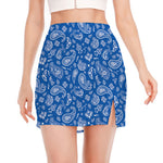 Blue Paisley Bandana Pattern Print Side Slit Mini Skirt