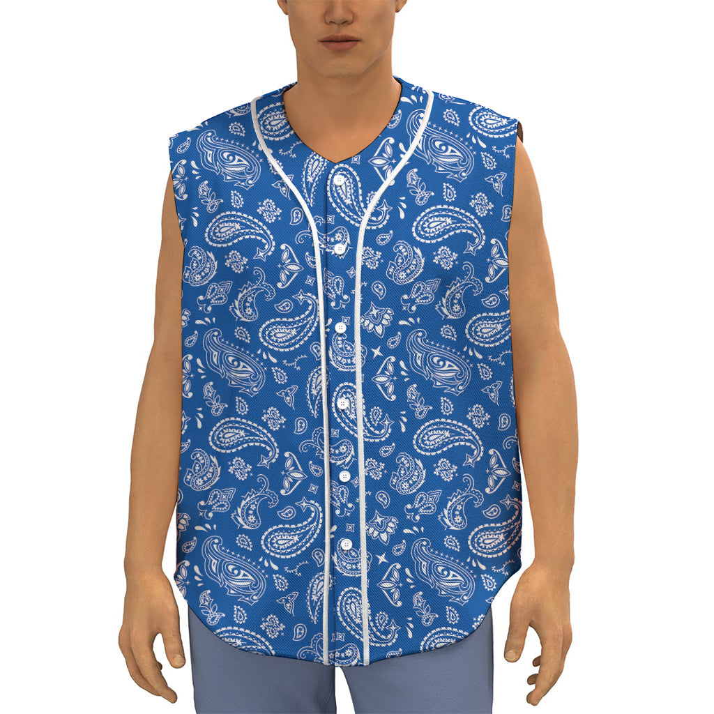Blue Paisley Bandana Pattern Print Sleeveless Baseball Jersey