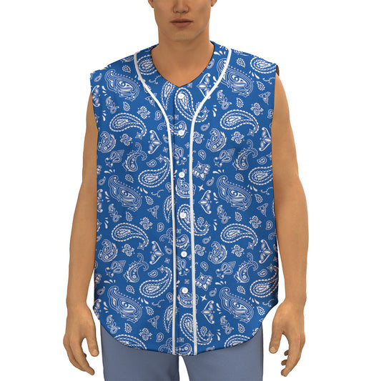Blue Paisley Bandana Pattern Print Sleeveless Baseball Jersey