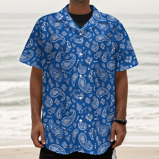 Blue Paisley Bandana Pattern Print Textured Short Sleeve Shirt