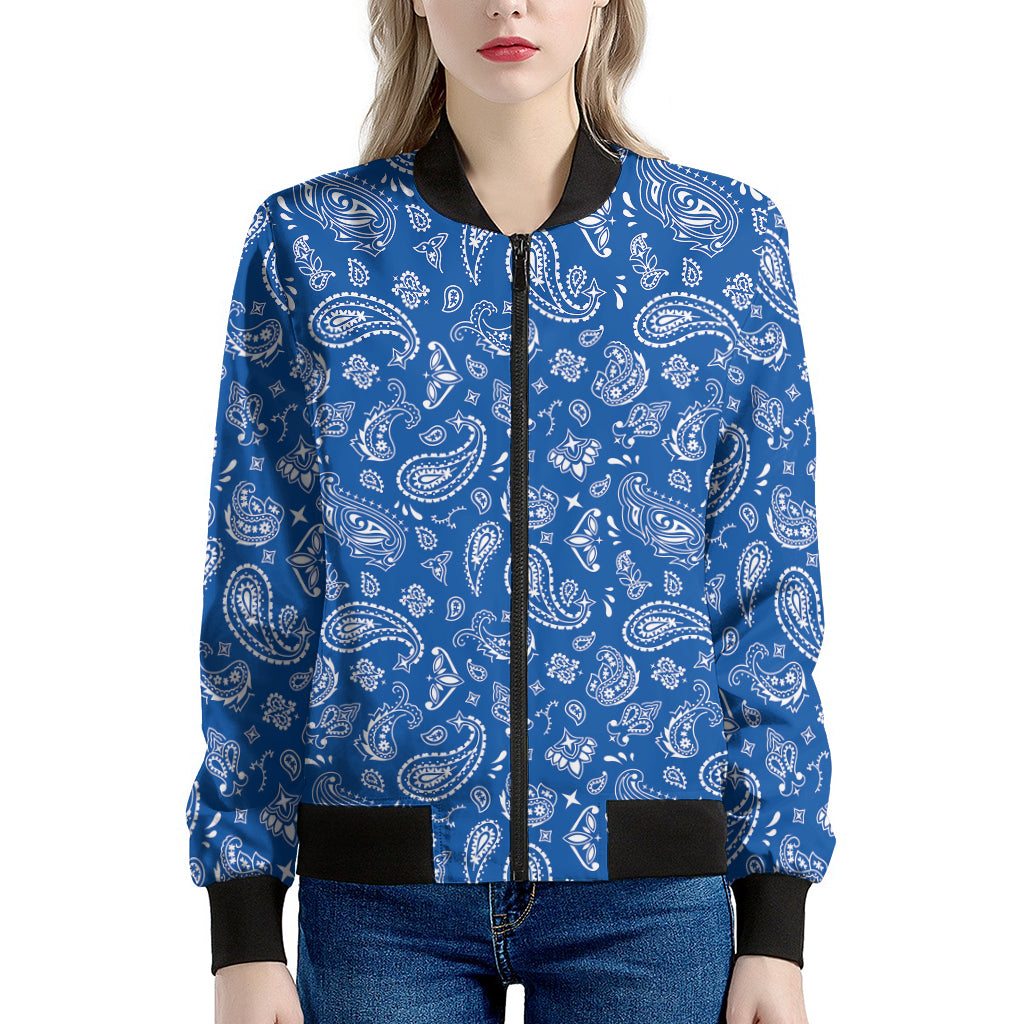 Blue Paisley Bandana Pattern Print Women's Bomber Jacket