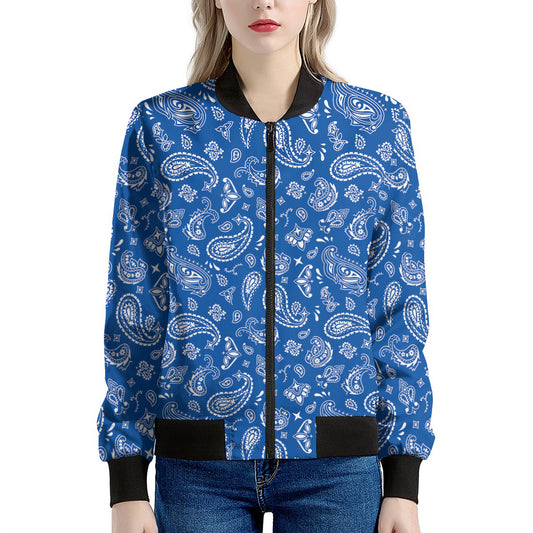 Blue Paisley Bandana Pattern Print Women's Bomber Jacket