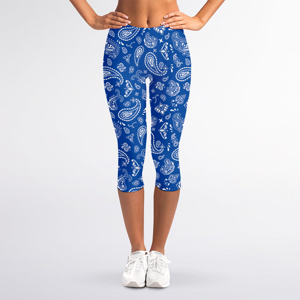 Blue Paisley Bandana Pattern Print Women's Capri Leggings