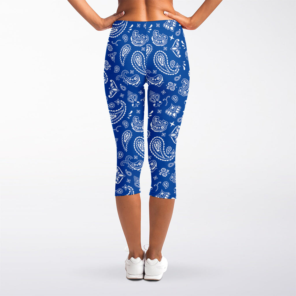Blue Paisley Bandana Pattern Print Women's Capri Leggings