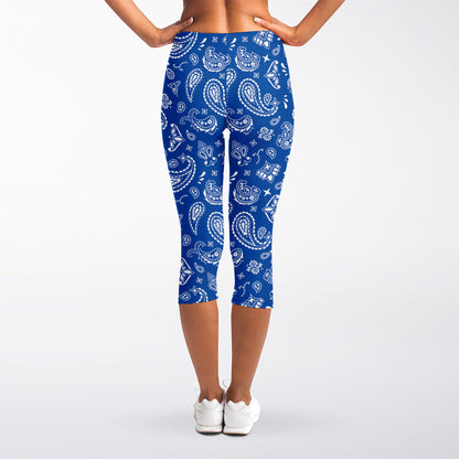 Blue Paisley Bandana Pattern Print Women's Capri Leggings