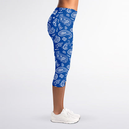 Blue Paisley Bandana Pattern Print Women's Capri Leggings