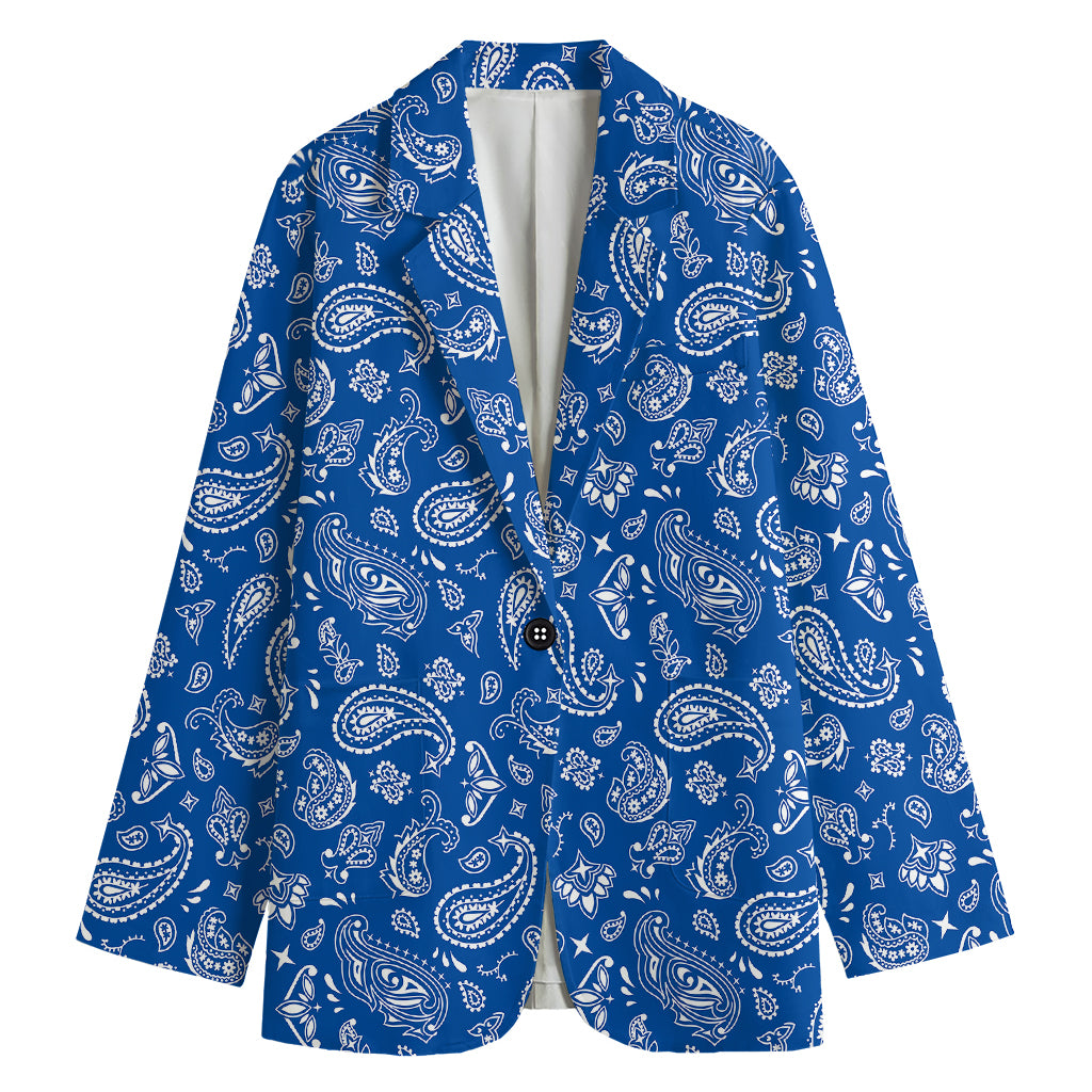 Blue Paisley Bandana Pattern Print Women's Cotton Blazer