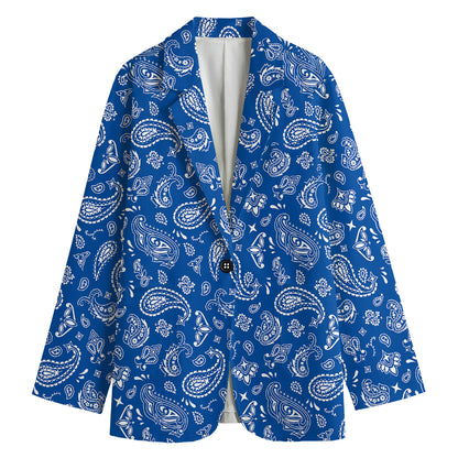 Blue Paisley Bandana Pattern Print Women's Cotton Blazer