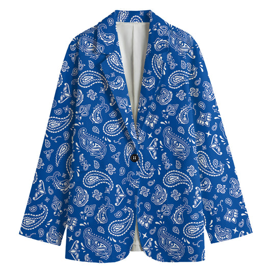 Blue Paisley Bandana Pattern Print Women's Cotton Blazer