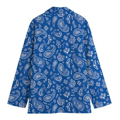 Blue Paisley Bandana Pattern Print Women's Cotton Blazer