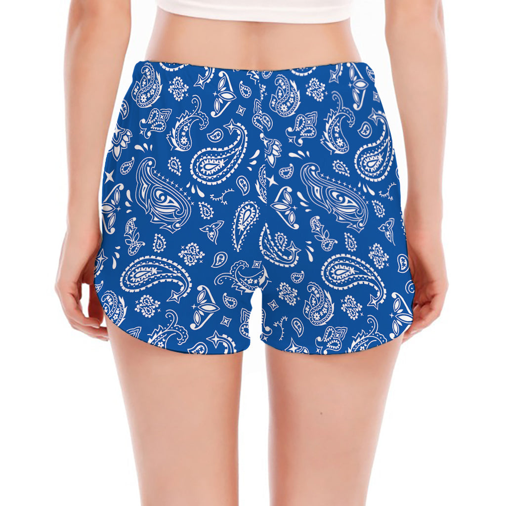 Blue Paisley Bandana Pattern Print Women's Split Running Shorts