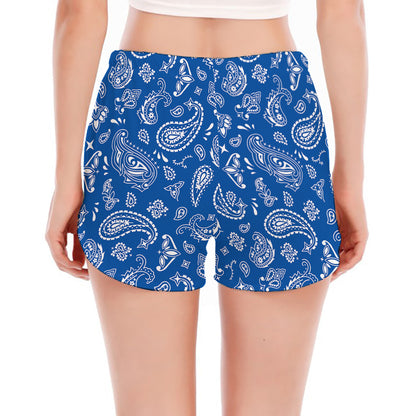 Blue Paisley Bandana Pattern Print Women's Split Running Shorts