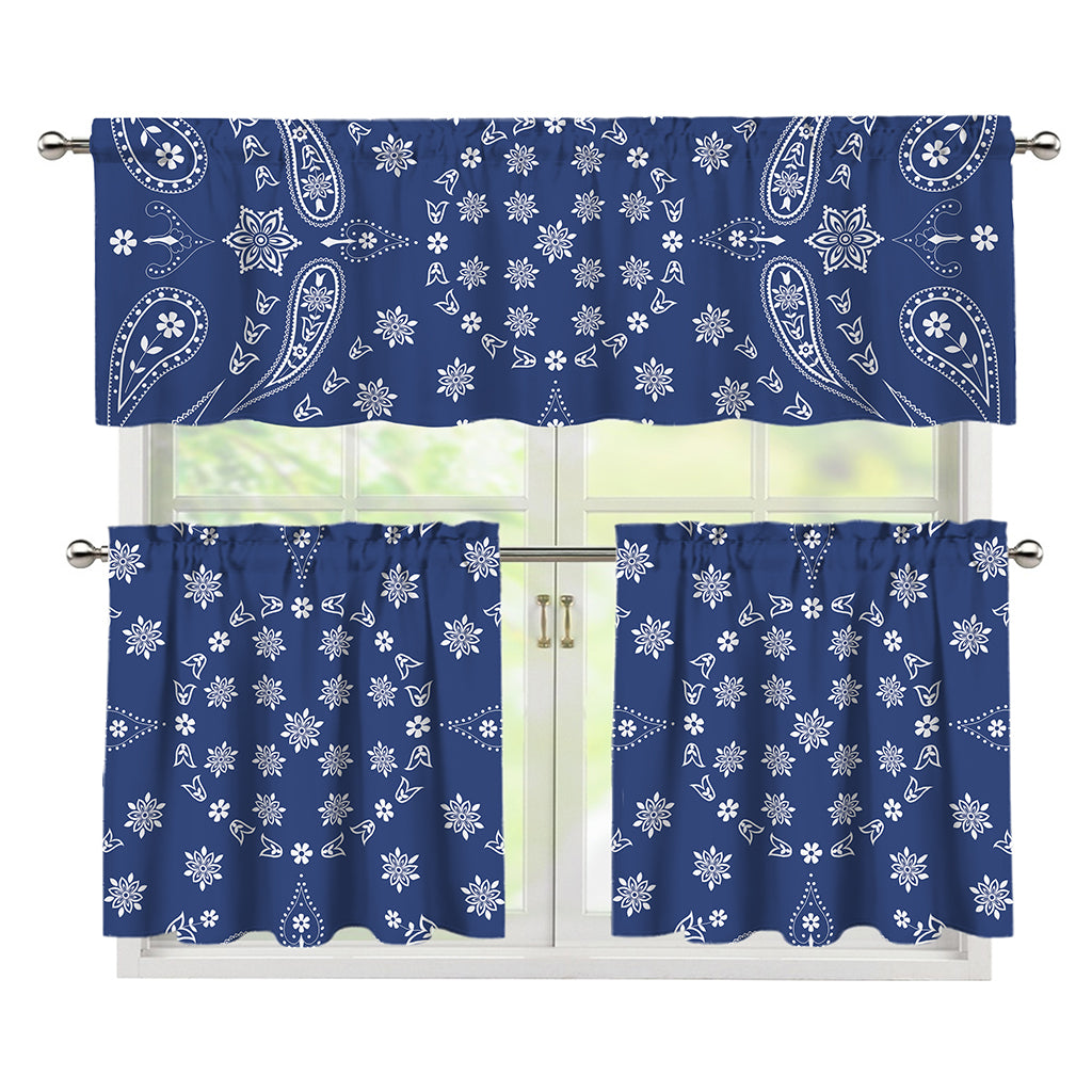 Blue Paisley Bandana Print 3 Piece Kitchen Curtains