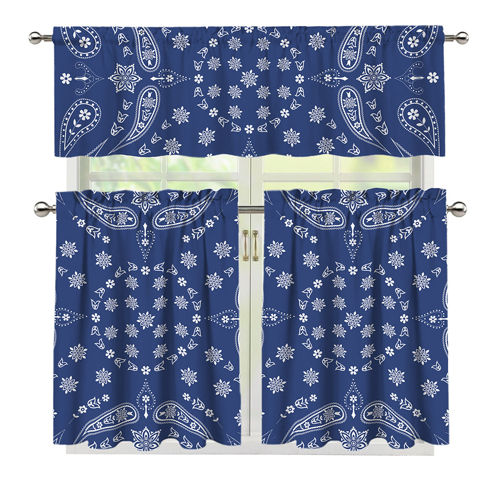 Blue Paisley Bandana Print 3 Piece Kitchen Curtains