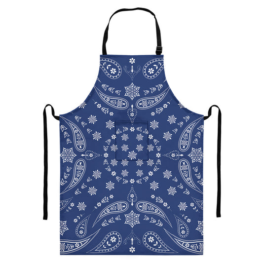Blue Paisley Bandana Print Bib Apron With Pocket