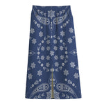 Blue Paisley Bandana Print Cotton Front Slit Maxi Skirt