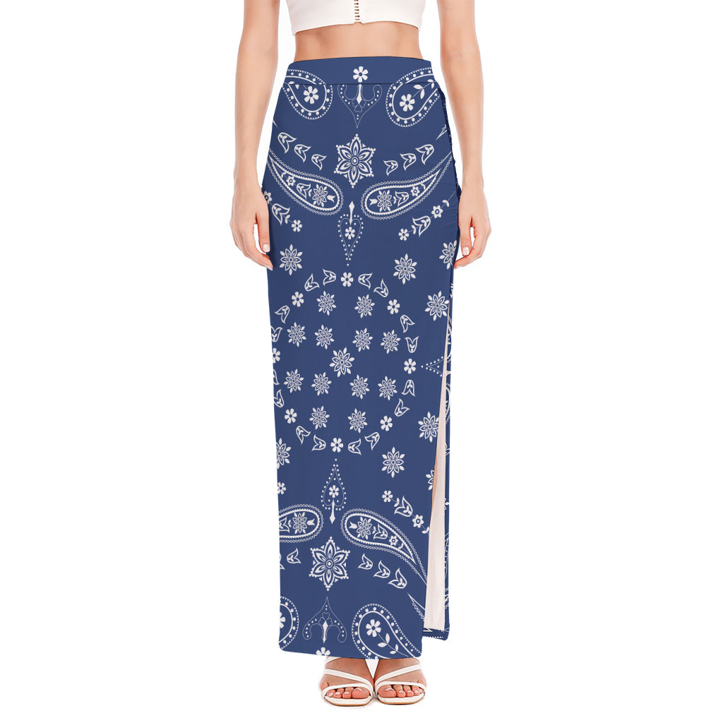 Blue Paisley Bandana Print High Slit Maxi Skirt