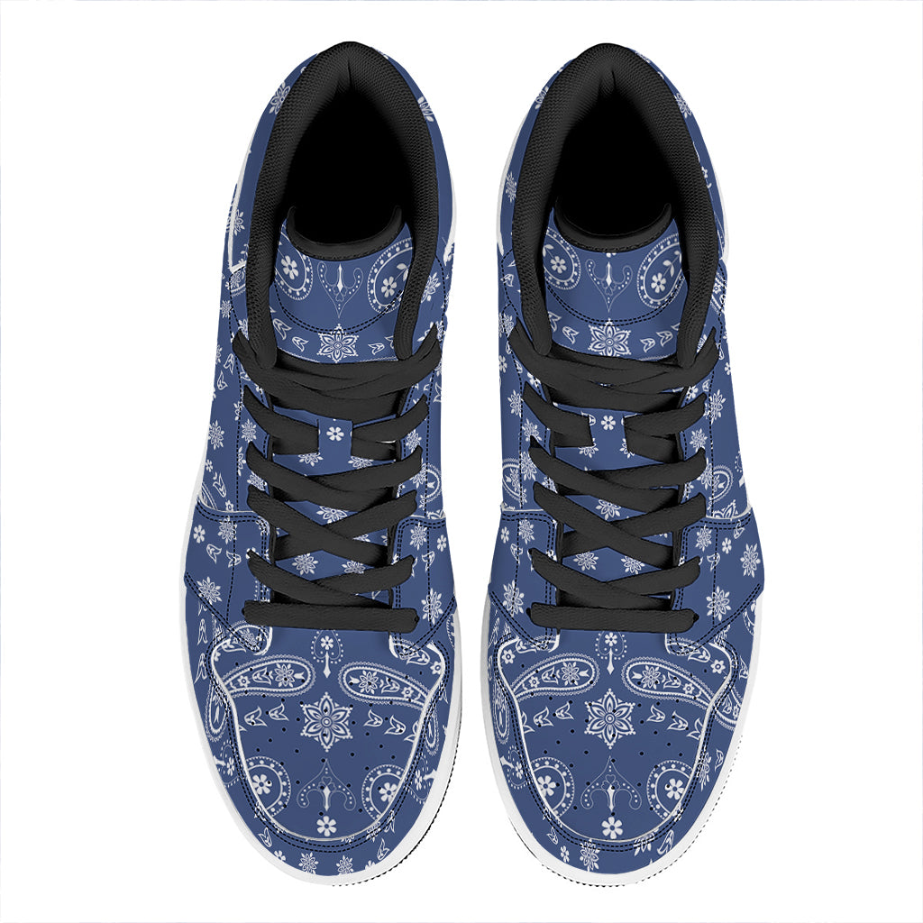 Blue Paisley Bandana Print High Top Leather Sneakers
